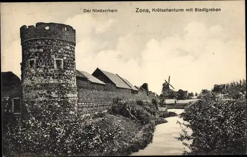 Ak Zons Dormagen Niederrhein, Krötschenturm m. Stadtgraben, Windmühle