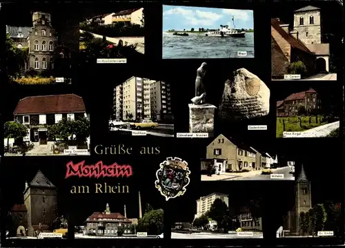 Ak Monheim in Nordrhein Westfalen, Hochhaus, Rhein, St.Gereon, Haus Bürgel, Mittelstraße