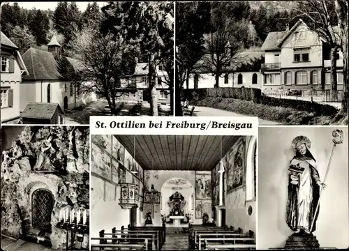 Ak St. Ottilien bei Freiburg im Breisgau, Kirche, St. Odilia Statue, Blick auf den Altar