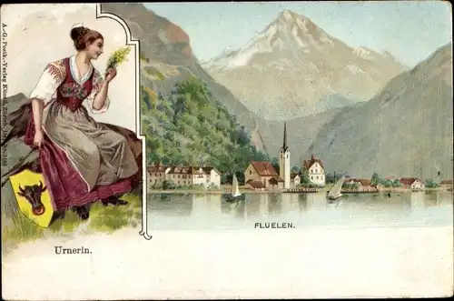 Litho Fluelen Kanton Uri Schweiz, Panorama, Urnerin in Tracht, Wappen