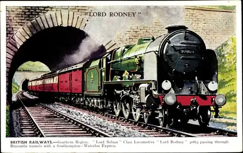 Ak British Railways, Lord Rodney Dampflokomotive, Lord Nelson class locomotive, Bincombe tunnels