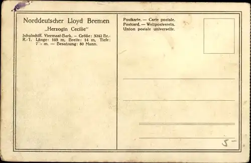 Künstler Ak Norddeutscher Lloyd Bremen, Schulschiff Herzogin Cecilie