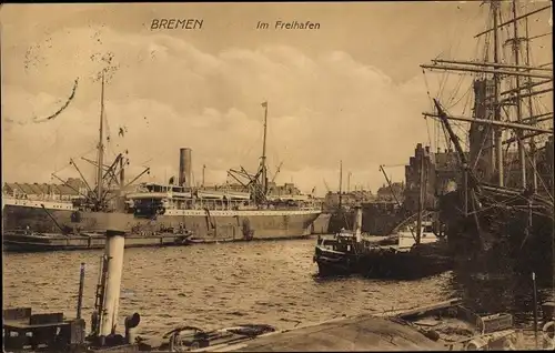 Ak Hansestadt Bremen, Im Freihafen, Dampfer