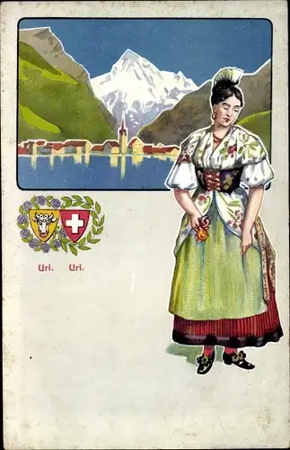 Ak Kt. Uri Schweiz, Frau in Tracht, Ort am See, Schweizer Wappen