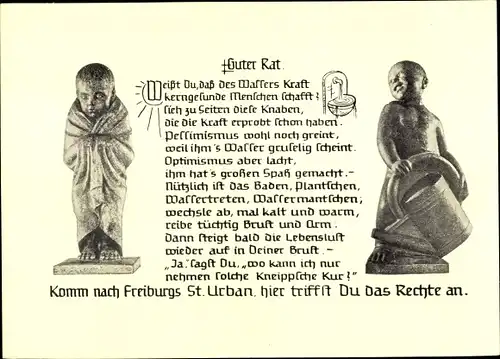 Ak Freiburg im Breisgau, St. Urban Kneipp Kurhaus, Kneippsche Kur, Statuen