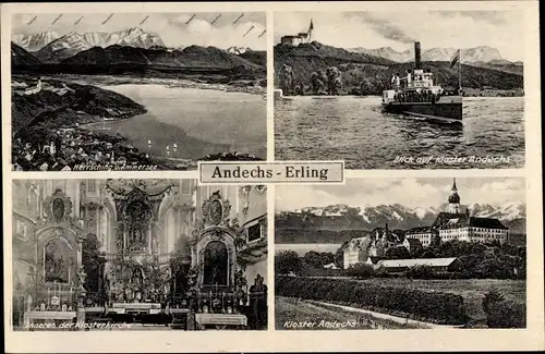 Ak Erling Andechs Oberbayern, Herrsching, Ammersee, Kloster, Salondampfer, Inneres d. Klosterkirche