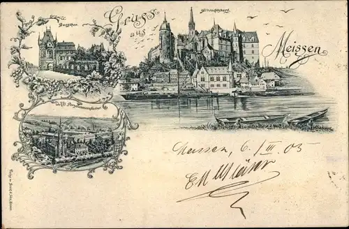 Litho Meißen in Sachsen, Albrechtsburg, Burgtor, Kgl. Porzellanmanufaktur