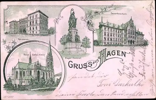 Litho Hagen in Westfalen, Gewerbeschule, Gymnasium, Kath. Kirche, Siegesdenkmal