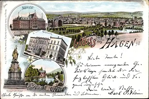 Litho Hagen in Westfalen, Gewerbeschule, Waldlust, Gymnasium, Kriegerdenkmal