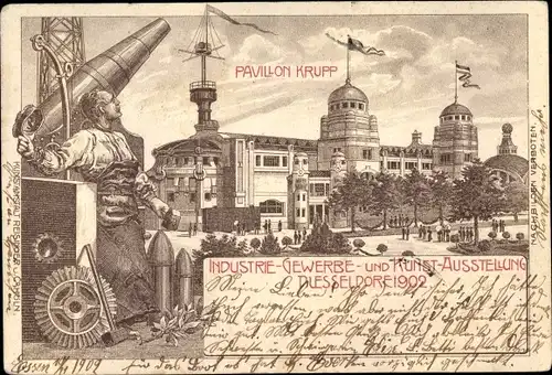 Litho Düsseldorf, Gewerbeausstellung 1902, Pavillon Krupp, Geschütz, Munition