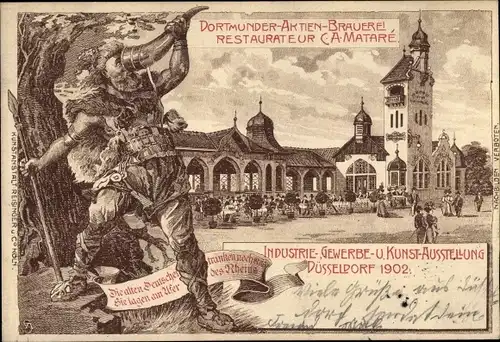 Litho Düsseldorf, Gewerbeausstellung 1902, Dortmunder Aktienbrauerei, Germane mit Trinkhorn