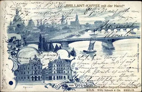 Litho Dresden, Panorama von der Albertbrücke, Postamt, Geschäftshaus Zucher