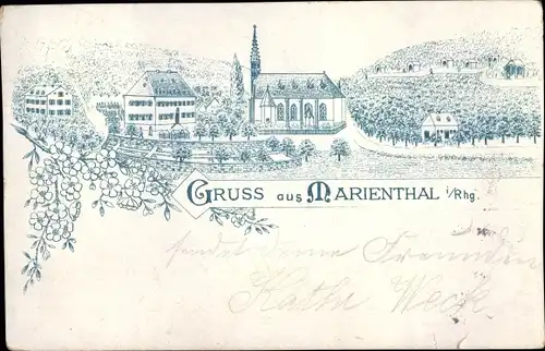 Litho Marienthal Geisenheim am Rhein Hessen, Kirche, Wohnhäuser