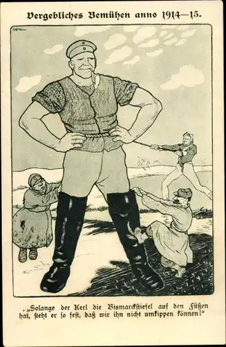 Ak Dt. Soldat als Riese 1914, Bismarckstiefel, Kladderdatsch, Karikatur