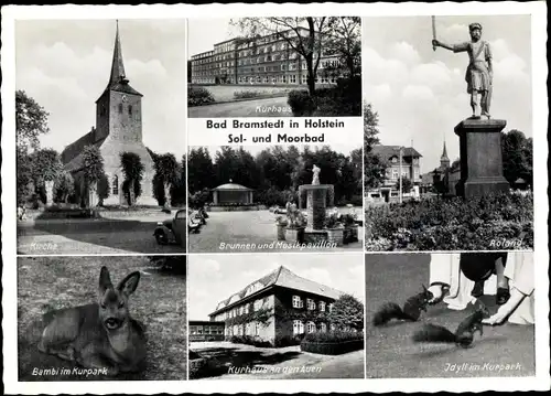Ak Bad Bramstedt Schleswig Holstein, Kurhaus, Kirche, Bambi im Kurpark, Eichhörnchen, Roland
