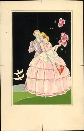 Künstler Ak Frau in rosa Kleid, Fächer, Mann im Frack