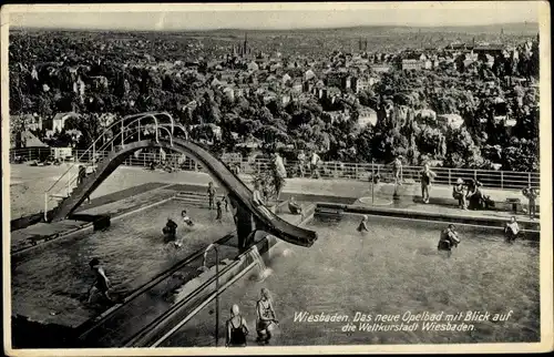 Ak Wiesbaden in Hessen, Opelbad, Wasserrutsche, Stadtpanorama