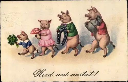 Ak Glückwunsch Neujahr, Vermenschlichte Schweine, Geld, Hufeisen, Klee, Pilze