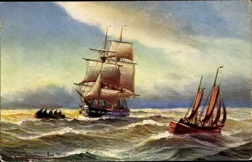Künstler Ak Jansen, Alfred, Segelschiff, Segelboot, Ruderboot