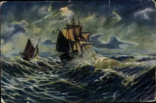 Künstler Ak Segelschiffe im Sturm auf dem Meer