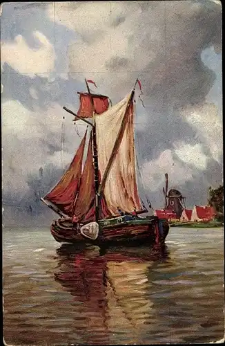 Künstler Ak Segelboot, Fischerboot, Windmühle