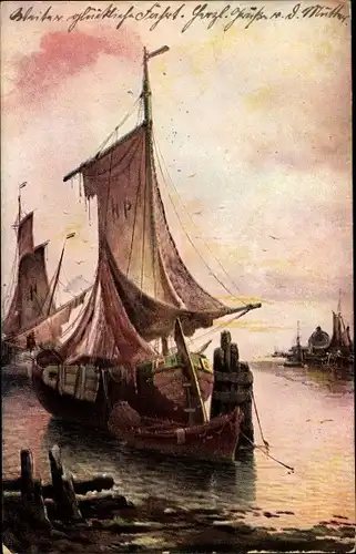 Künstler Ak Segelboote im Hafen, Ruderboot
