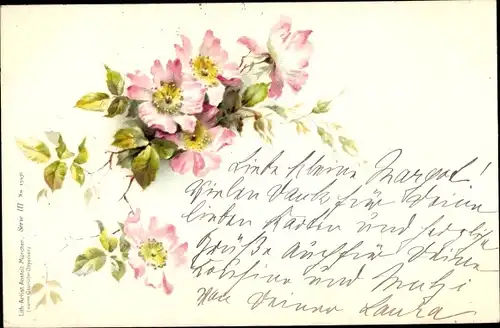 Litho Heckenrosenblüten, Knospen