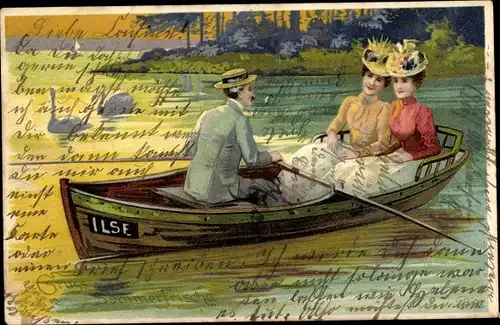 Litho Ruderboot Ilse, Mann, zwei Frauen