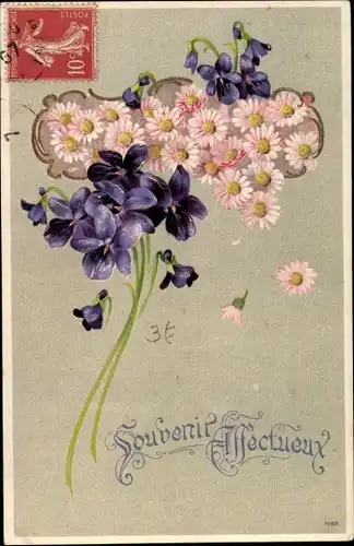 Litho Souvenir Affectueux, Veilchen, Gänseblümchen