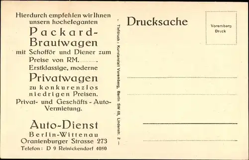 Ak Berlin Reinickendorf Wittenau, Packard Brautwagen, Autodienst, Oranienburger Straße 273