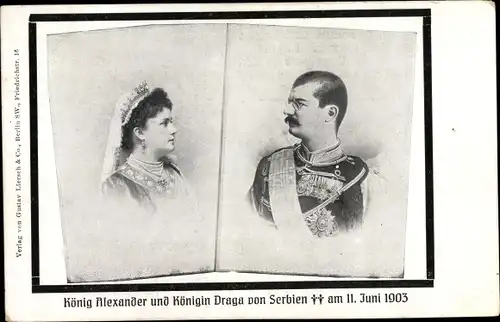 Ak König Alexander und Königin Draga von Serbien, Trauerkarte zum Tod 1903