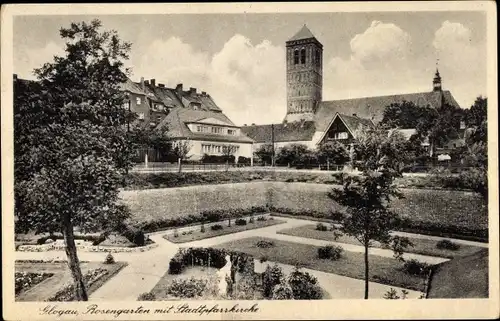 Ak Głogów Glogau Schlesien, Rosengarten mit Stadtpfarrkirche