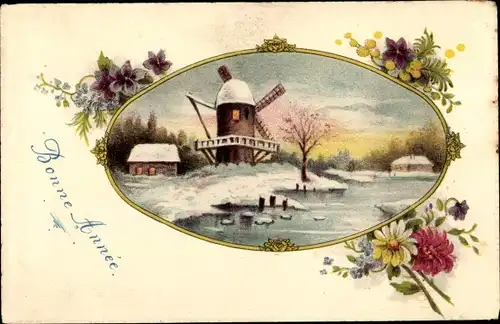 Passepartout Ak Glückwunsch Neujahr, Windmühle, Winterlandschaft