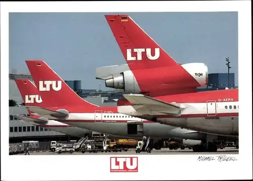 Ak Deutsches Passagierflugzeug, LTU McDonnell Douglas MD11, D-AERX, Werbung