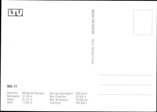 Ak Deutsches Passagierflugzeug, LTU McDonnell Douglas MD11, D-AERX, Werbung