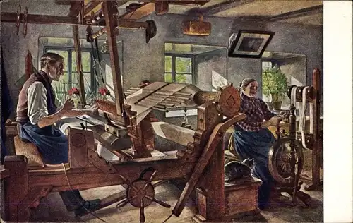 Künstler Ak Meinholds Handwerkerbild Nr 10, Weber, Spinnrad