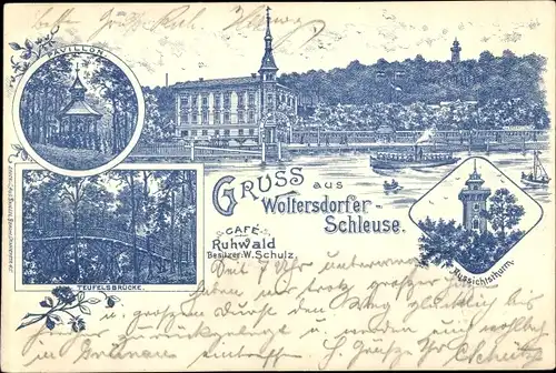 Litho Woltersdorf bei Berlin, Cafe Ruhwald, Pavillon, Teufelsbrücke, Schleuse