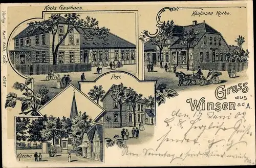 Litho Winsen an der Aller, Kochs Gasthaus, Kaufmann Kothe, Post