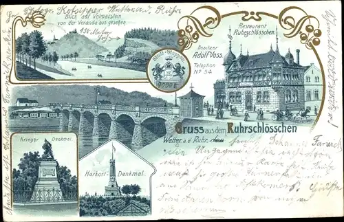 Litho Wetter an der Ruhr, Kriegerdenkmal, Harkort Denkmal, Restaurant Ruhrschlösschen