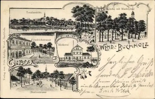 Litho Märkisch Buchholz in Brandenburg, Totalansicht, Kirche, Marktplatz, Friedrichstraße, Breitestr