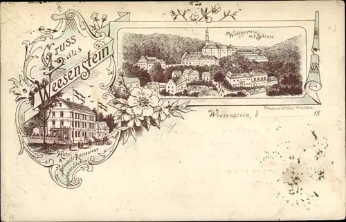 Vorläufer Litho Weesenstein Müglitztal, Schloss, Bahnhof, Restaurant, Hotel, Radfahrerstation