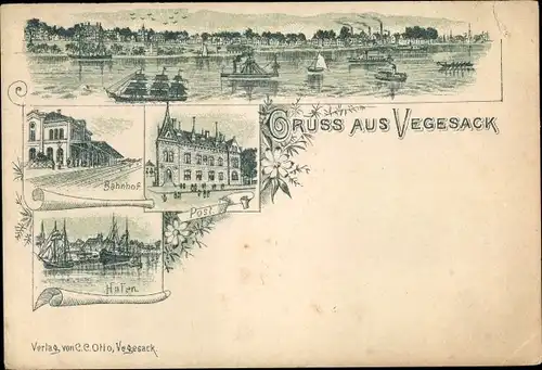 Litho Vegesack Bremen, Bahnhof, Postamt, Hafen, Stadtpanorama