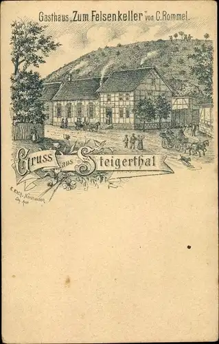 Litho Steigerthal Nordhausen in Thüringen, Gasthaus zum Felsenkeller