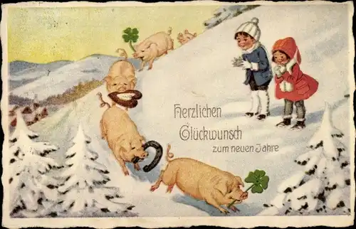 Ak Glückwunsch Neujahr, Schweine, Hufeisen, Kleeblätter, Lebkuchen, Schneelandschaft