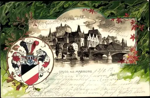 Präge Wappen Litho Marburg an der Lahn, Panorama vom Ort