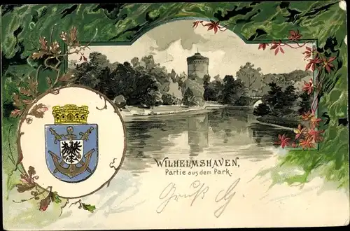 Präge Wappen Litho Wilhelmshaven in Niedersachsen, Partie aus dem Park