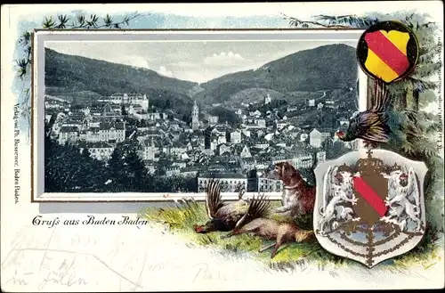 Präge Wappen Ak Baden Baden am Schwarzwald, Panorama vom Ort, Jagdhund, erlegte Beute