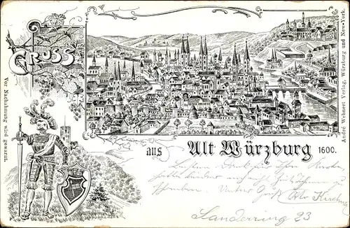 Litho Würzburg am Main Unterfranken, Historisches Bild der Stadt, Ritter, Wappen