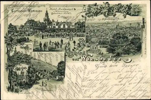 Litho Wiesbaden in Hessen, Neroberg, Drahtseilbahn, Panorama vom Ort, Griech. Kapelle, Hotel