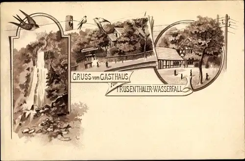 Vorläufer Litho Brotterode Trusetal in Thüringen, Gasthaus zum Trusentaler Wasserfall, Schwalben